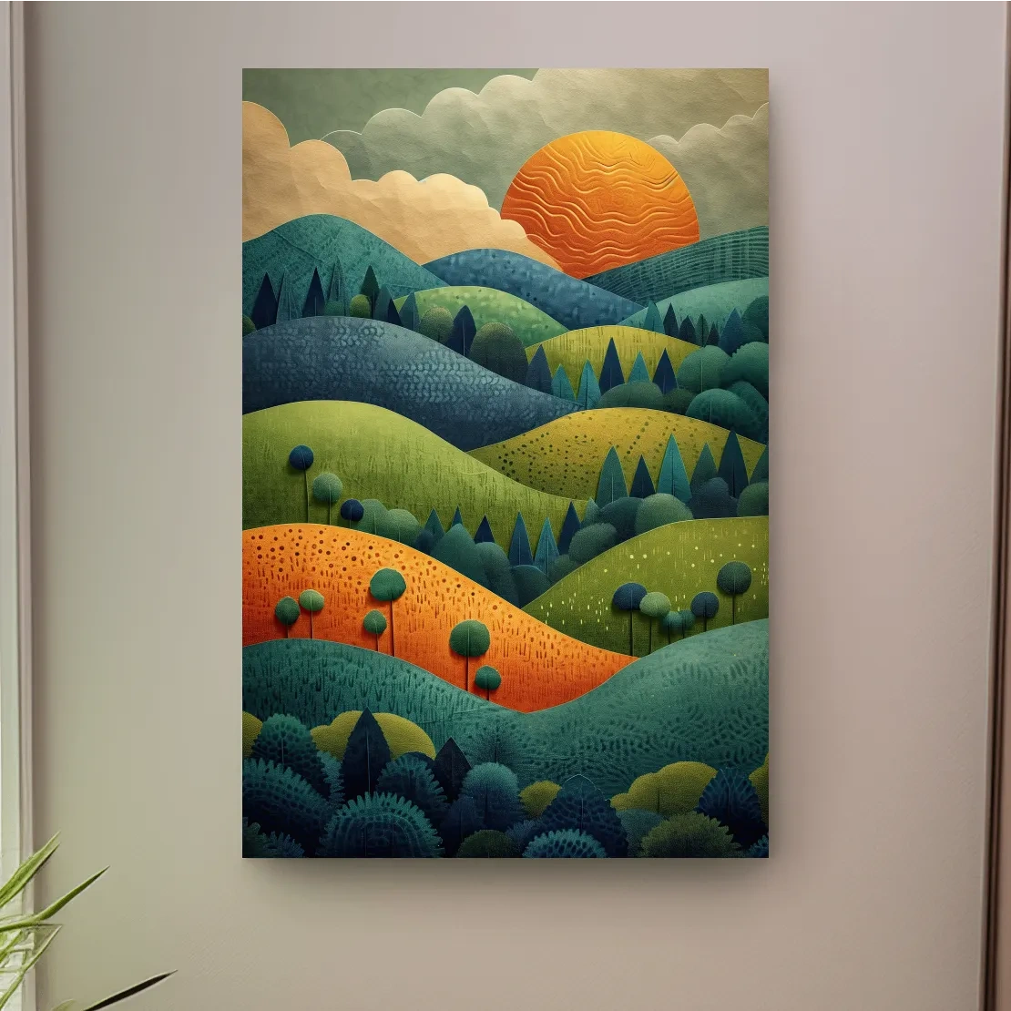 Rolling hills and trees at sunset mountain artwork, 3d layered paper cutout effect
