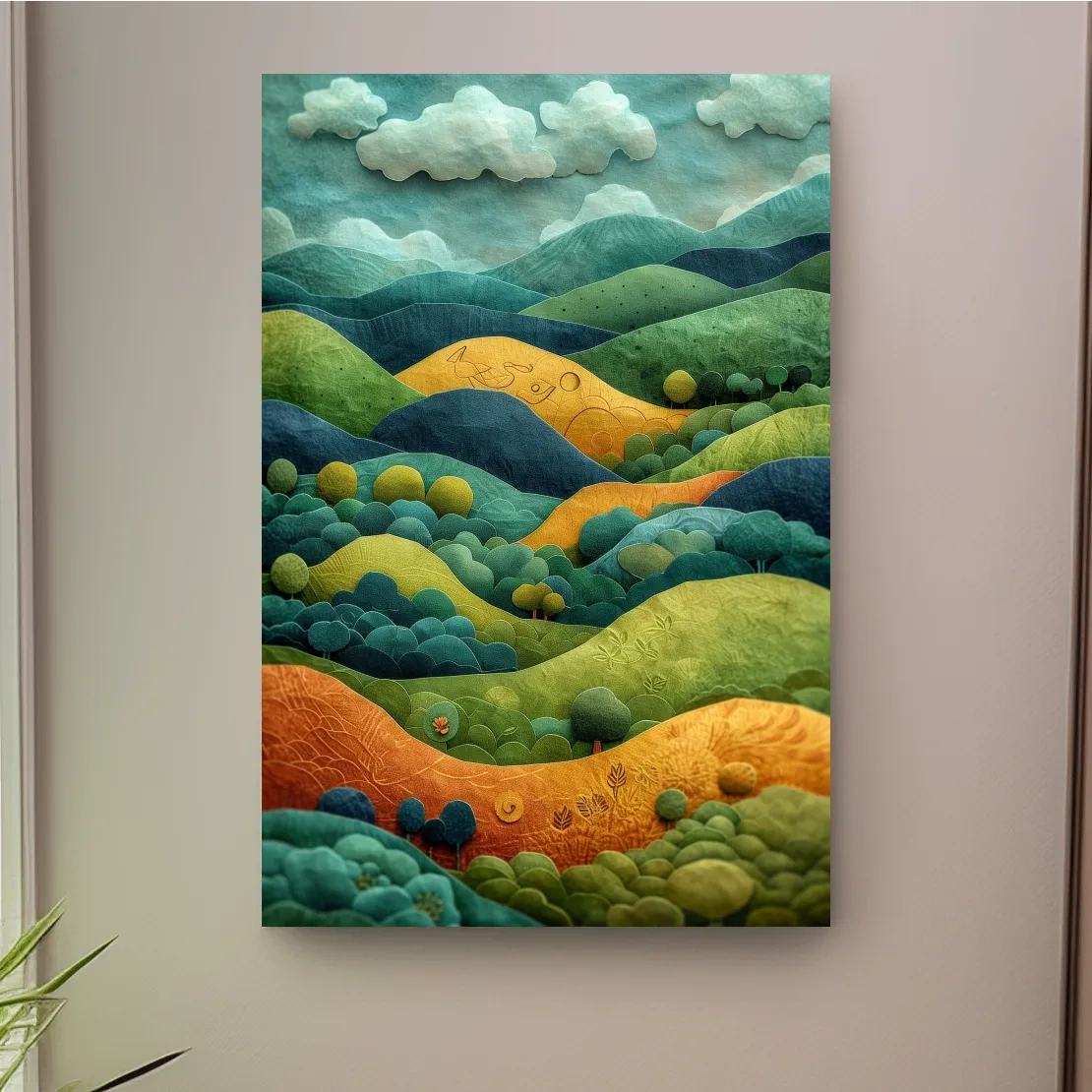 Abstract surreal mountain scene artwork, whimsical landscape in 3D layered style