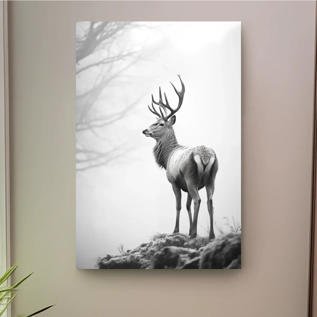 Black and white photograph of a majestic deer on a winter morning, serene wildlife artwork