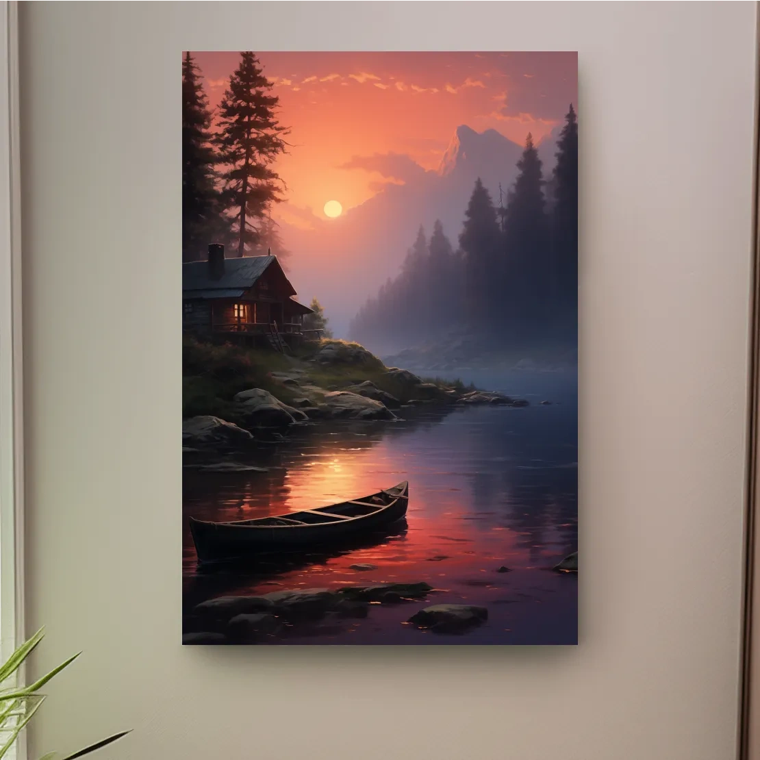 Beautiful painting of a cabin on a misty lake at sunset