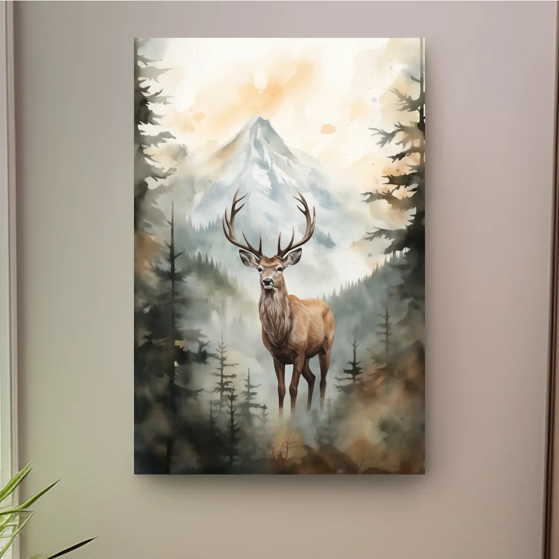 Watercolor Stag In Misty Mountain Forest - Serene Wildlife Wall Art