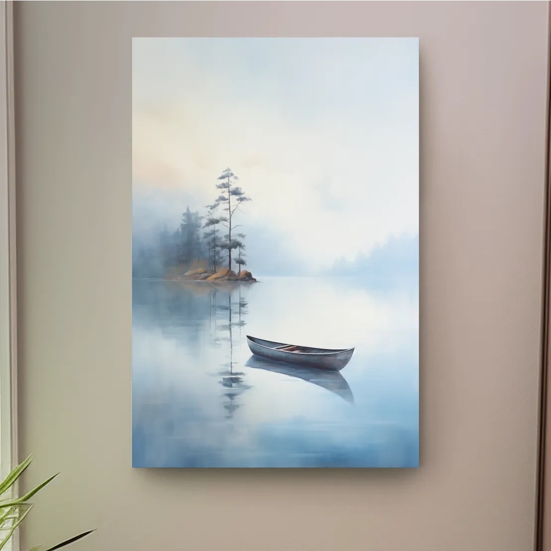 Watercolor painting, canoe on a misty lake, serene wall artwork