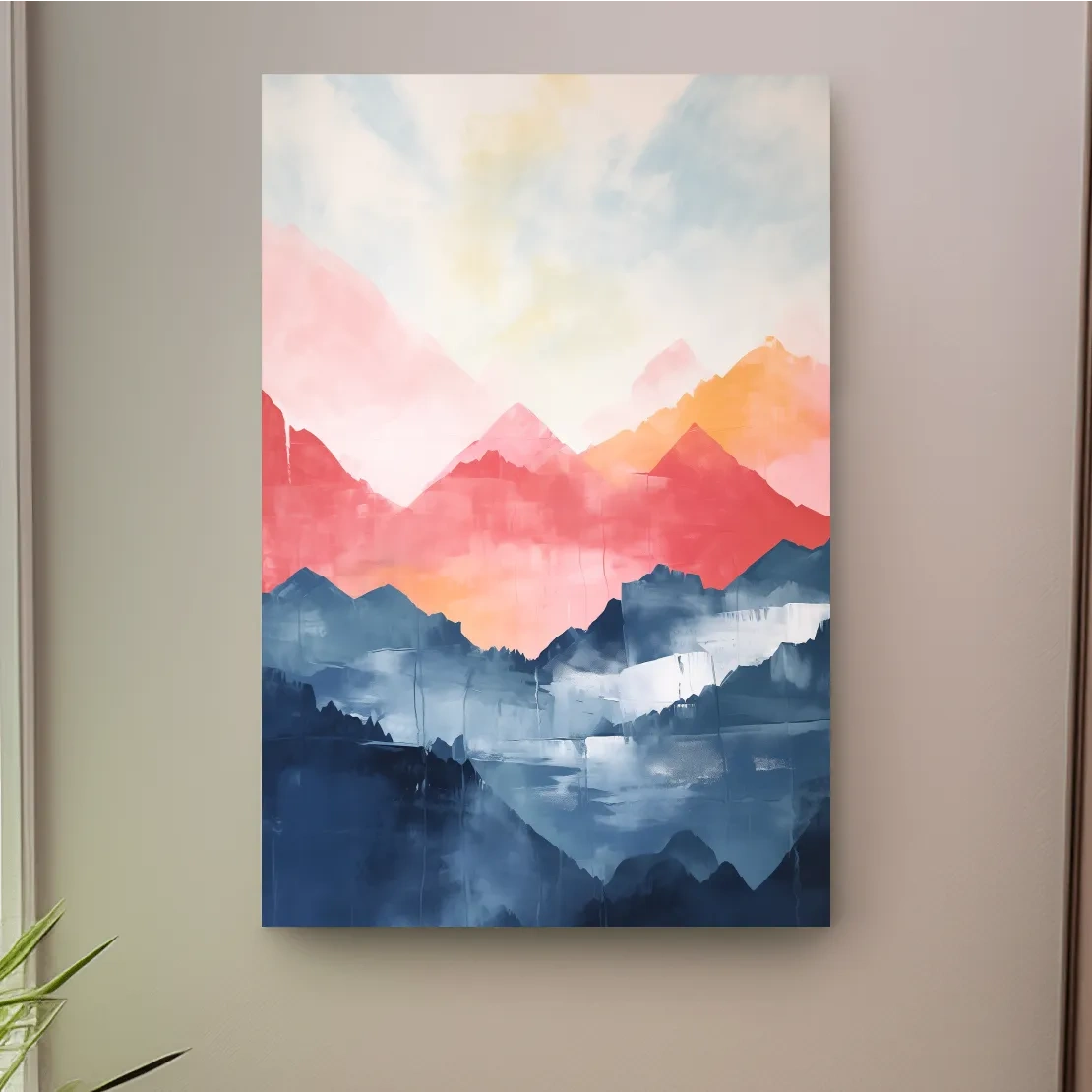 Colorful abstract mountain wall art, vibrant watercolor style painting