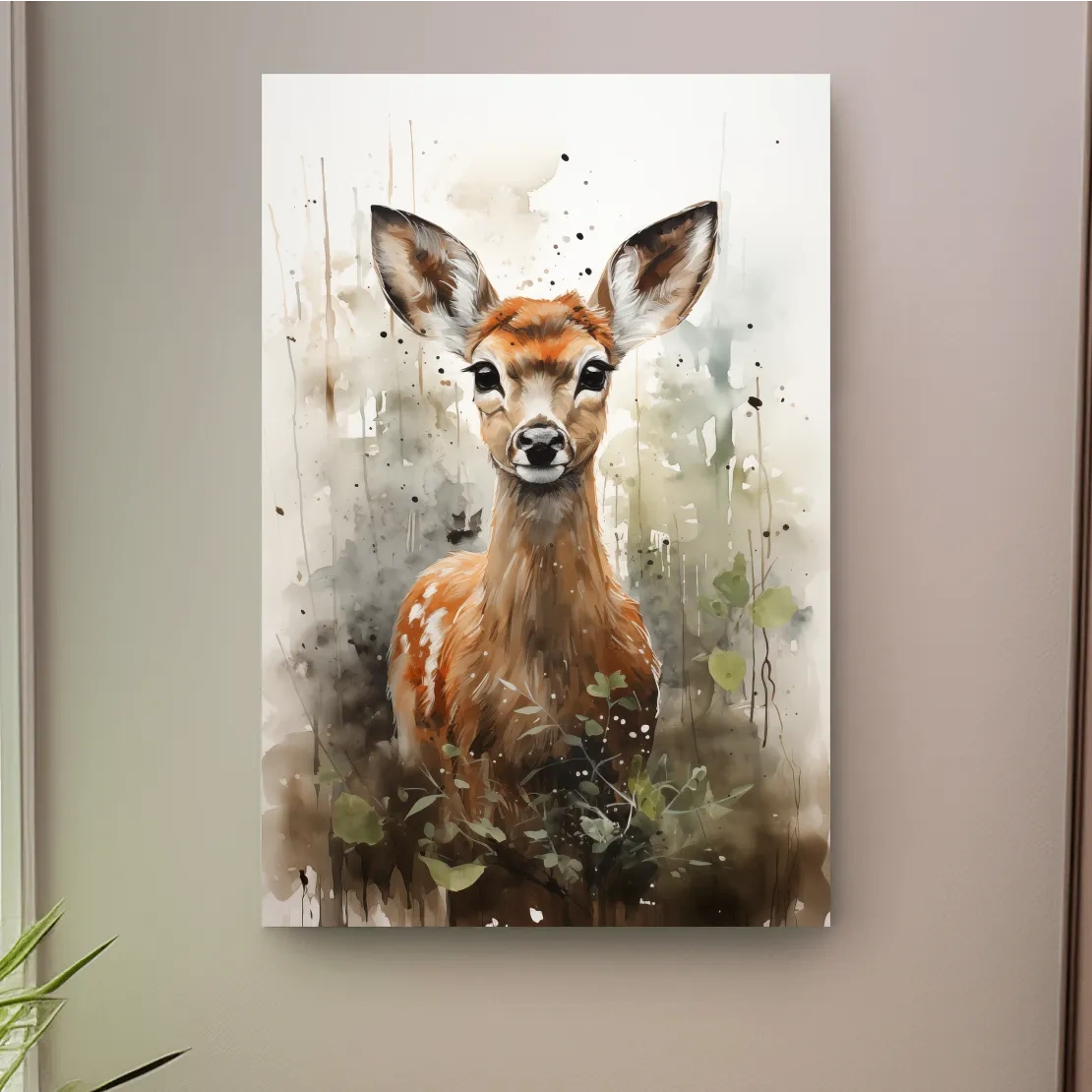 Watercolor fawn wall art, delicate forest setting artwork