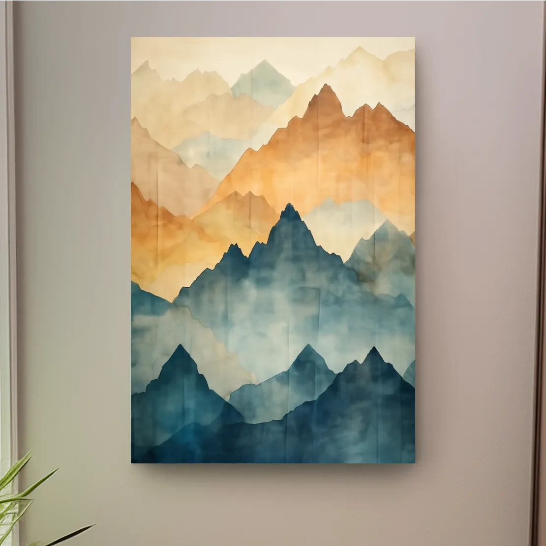 Textured effect watercolour painting of mountain ridgelines in the fog