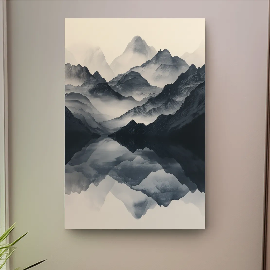 Monochrome Misty Mountain Reflection Landscape - Minimalist Japandi Wall Art