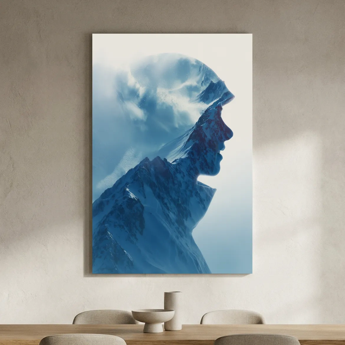 Double Exposure Mountain & Skier Portrait - Modern Snowy Alpine Wall Art