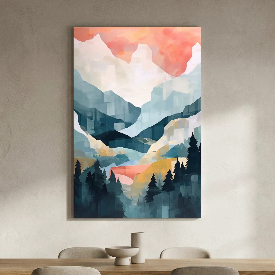 Abstract Watercolor Alpine Mountains At Sunrise - Modern Forest Landscape Artwork
