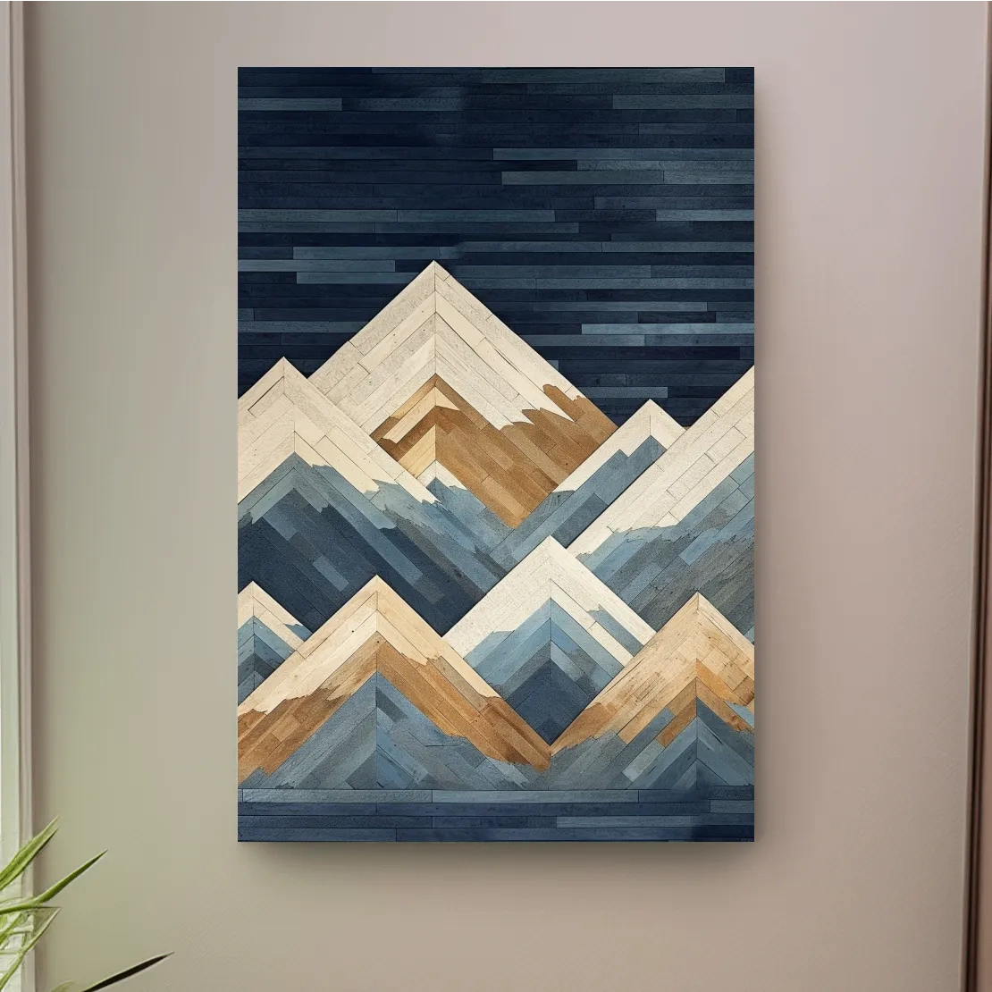Geometric Layered Mountain Peaks - Wood Texture Landscape Wall Art