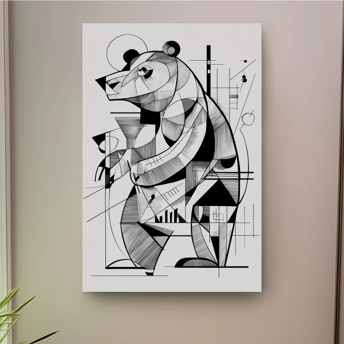 Cubism Abstract Bear Artwork - Modern Black And White Wildlife Wall Art
