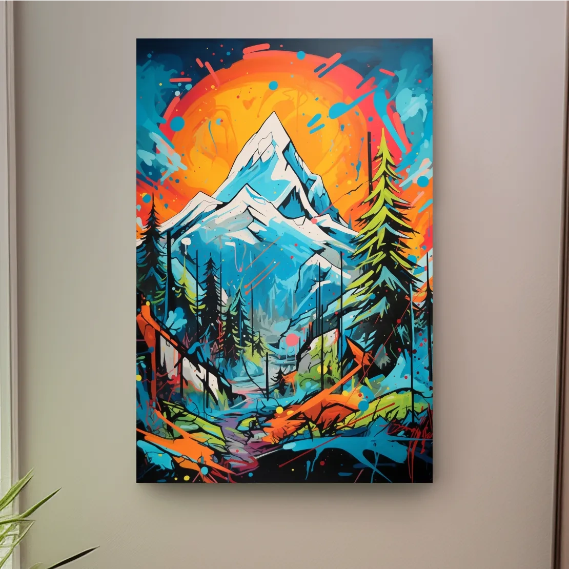 Vibrant Abstract Mountain Sunset Graffitti Painting - Colorful Pop Art Alpine Wall Art