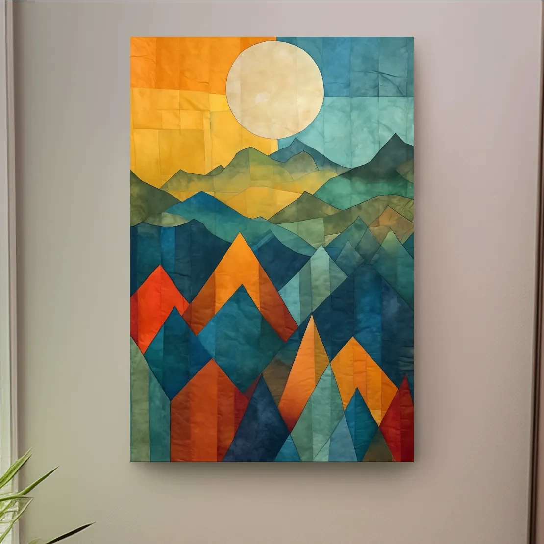Geometric Patchwork Sunlit Mountain Range Painting - Colorful Abstract Alpine Wall Art