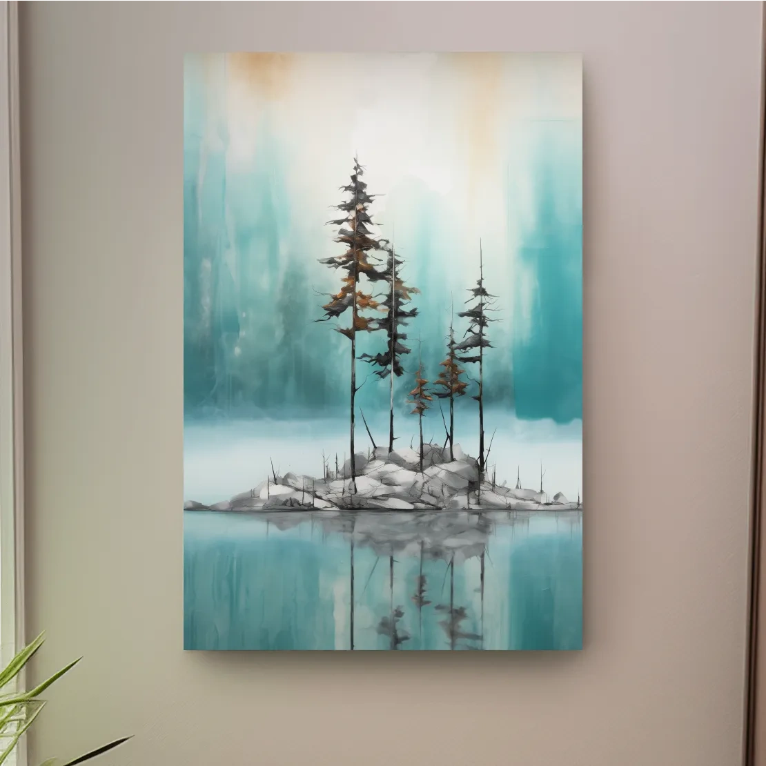 Misty Pine Trees Reflection - Watercolor Turquoise Alpine Lake Wall Art