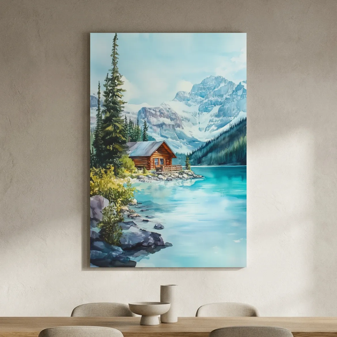 Turquoise Alpine Lake Cabin Watercolor - Serene Snowy Mountain Wall Art