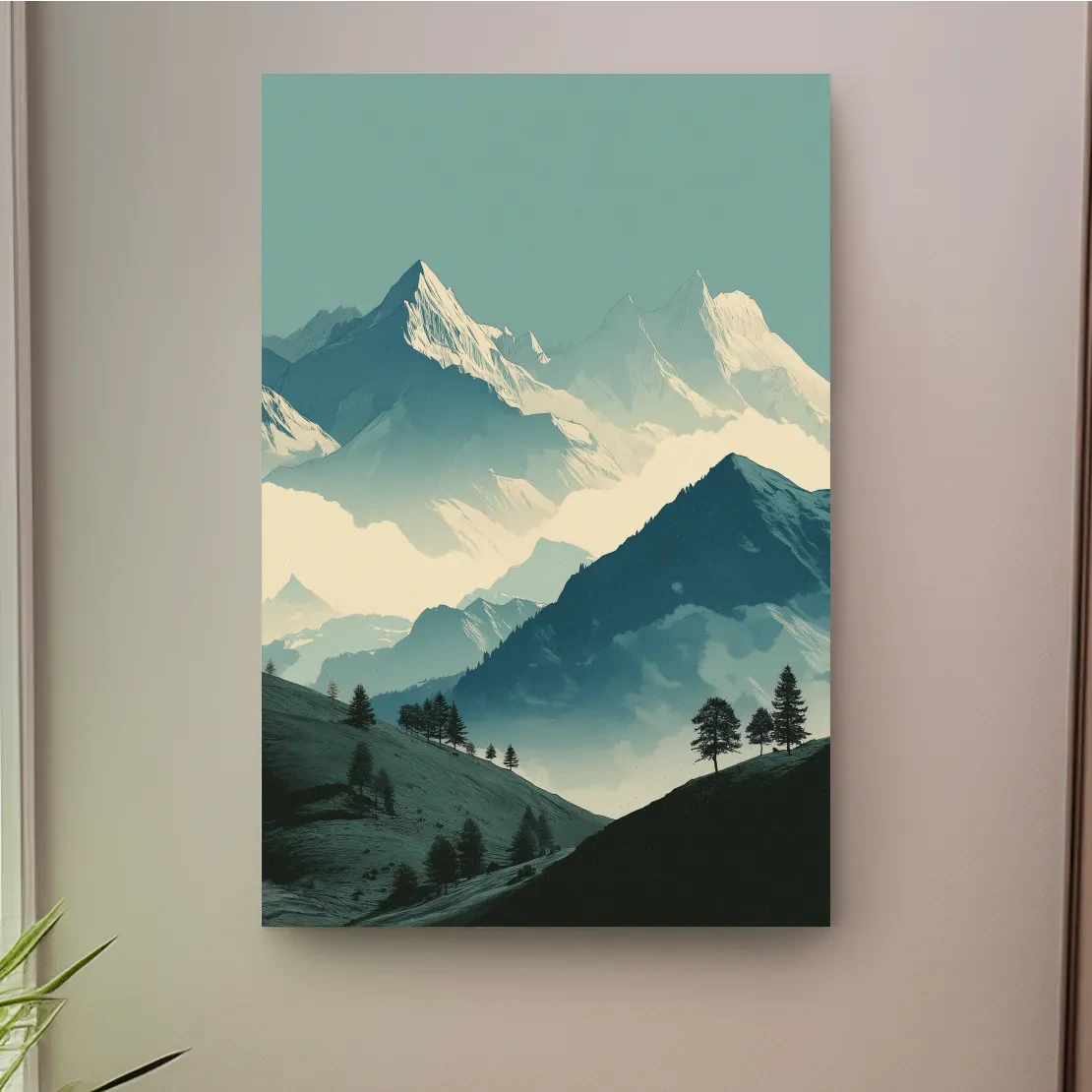 Misty Alpine Mountain Peaks Illustration - Serene Landscape Wall Art