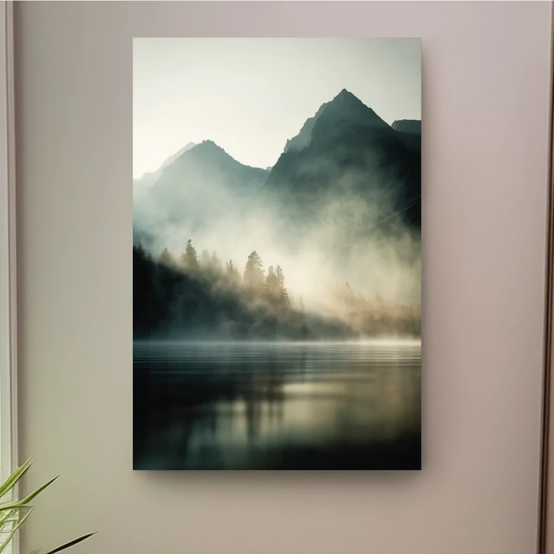 Moody Misty Mountain Lake Landscape - Serene Foggy Pine Forest Wall Art