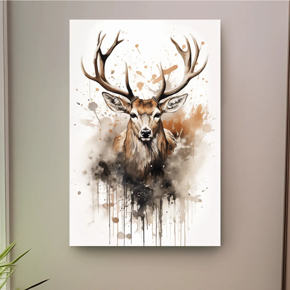 Majestic Stag Watercolor Splash Painting - Rustic Wildlife Wall Art
