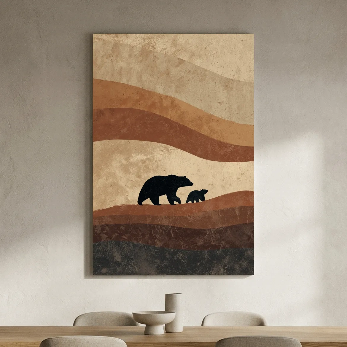 Scandi Bear Family Silhouette Artwork - Earthy Abstract Wildlife Wall Art