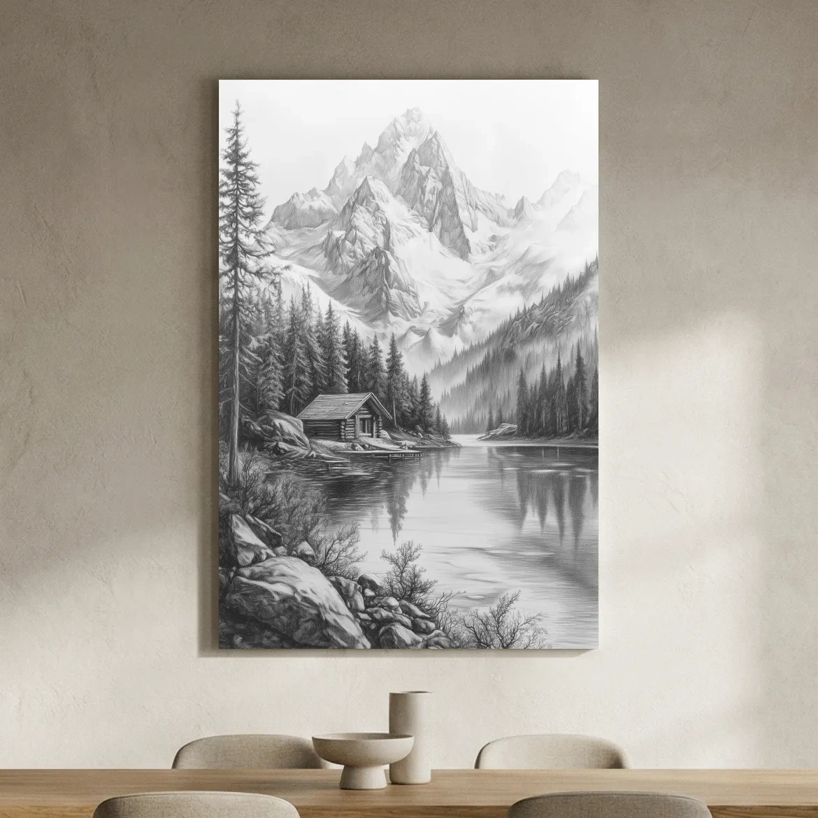 Monochrome Alpine Lake Cabin Sketch Art - Mountain Drawing Wall Art