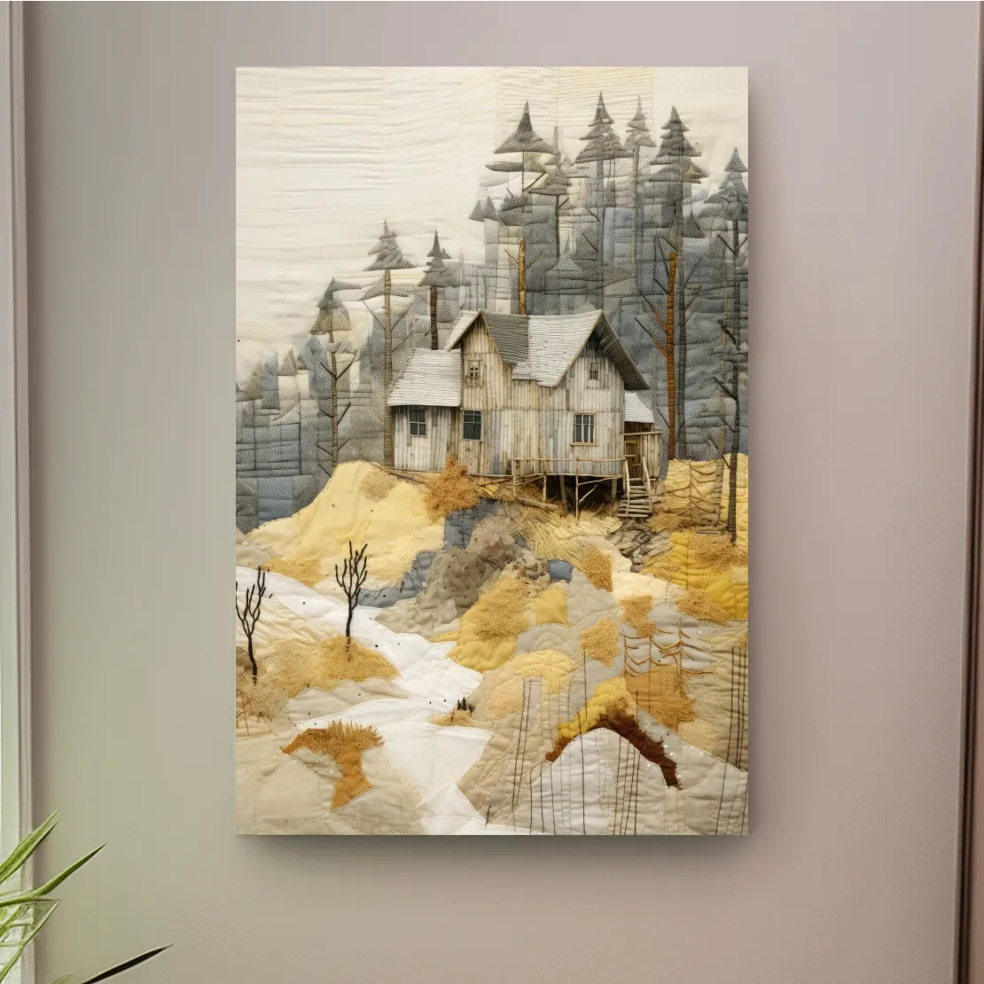 Rustic Woodland Cabin Landscape Quilt Art - Patchwork Style Mixed Media Wall Art
