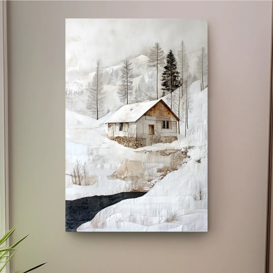 Snowy Mountain Cabin Textured Painting - Winter Landscape Wall Art
