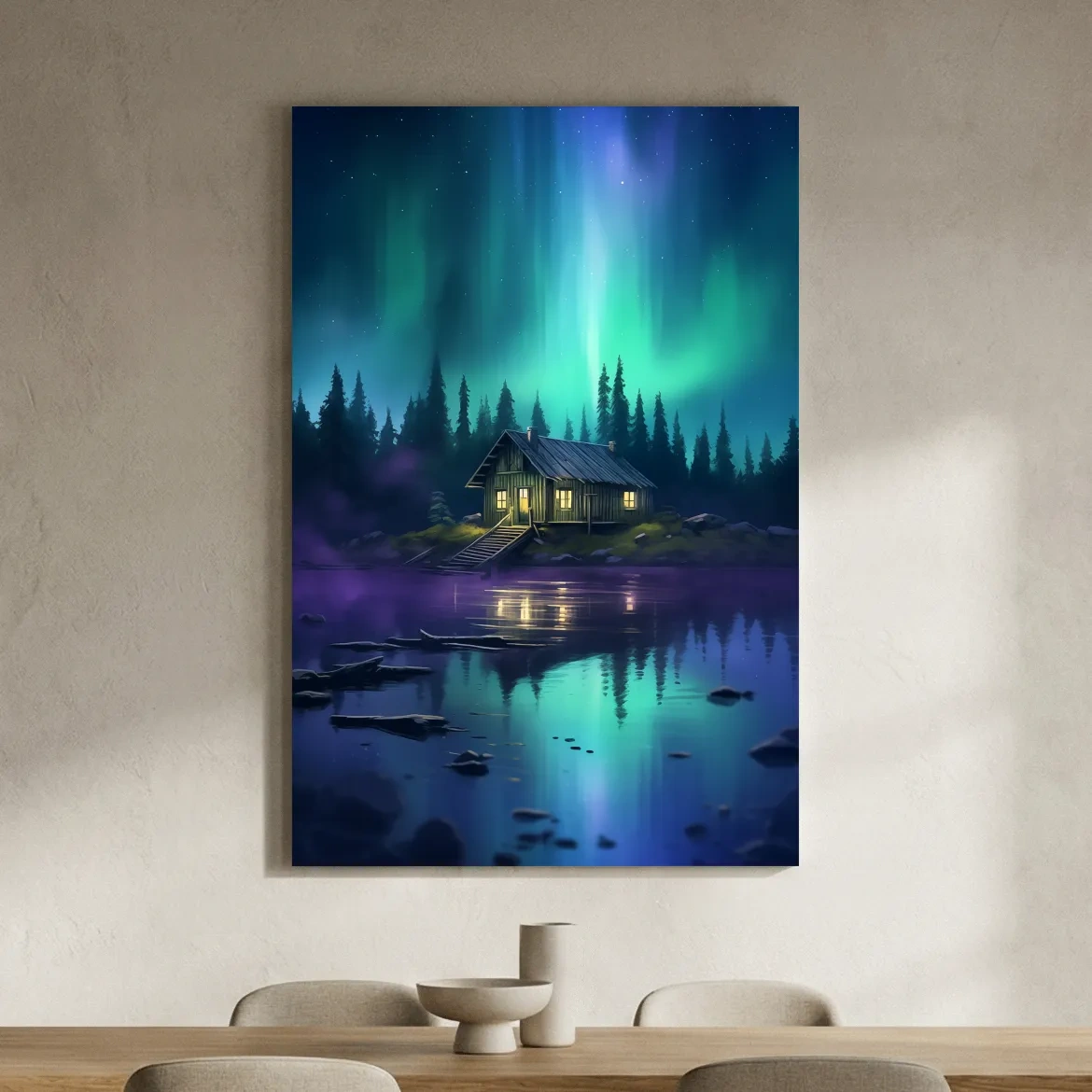 Vibrant Northern Lights Cabin Lake Painting - Aurora Borealis Night Wall Art