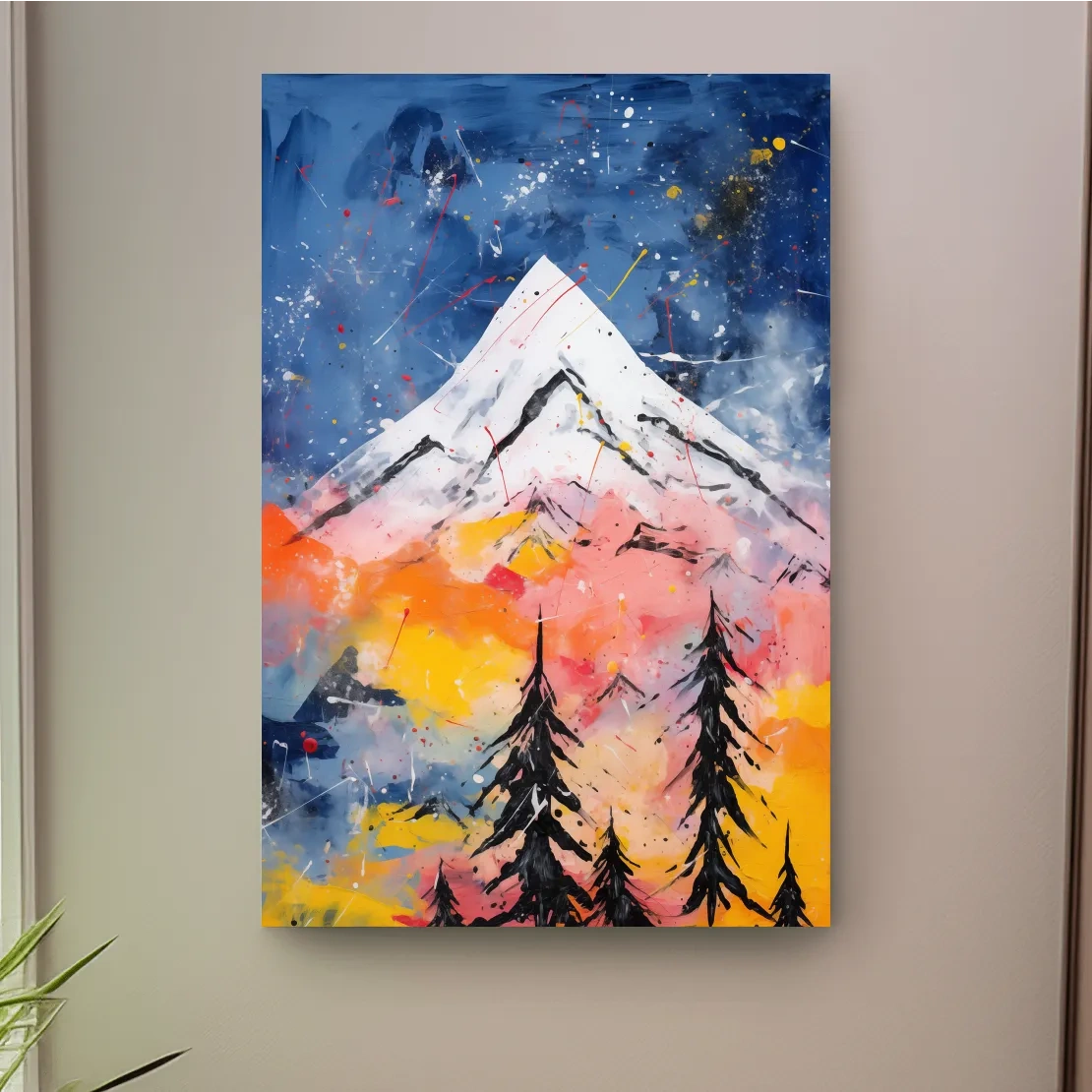 Vibrant Abstract Mountain Peak Sunset Painting - Colorful Acrylic Splash Forest Wall Art