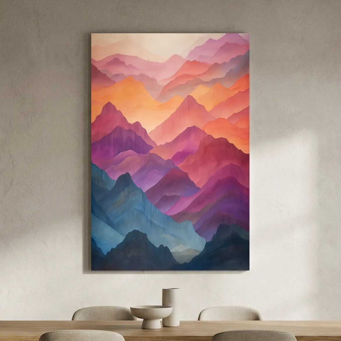 Vibrant Watercolor Layered Mountains - Abstract Sunset Landscape Wall Art