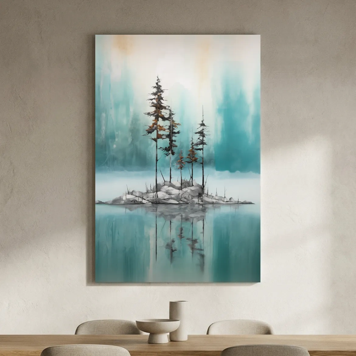 Misty Pine Trees Reflection - Watercolor Turquoise Alpine Lake Wall Art