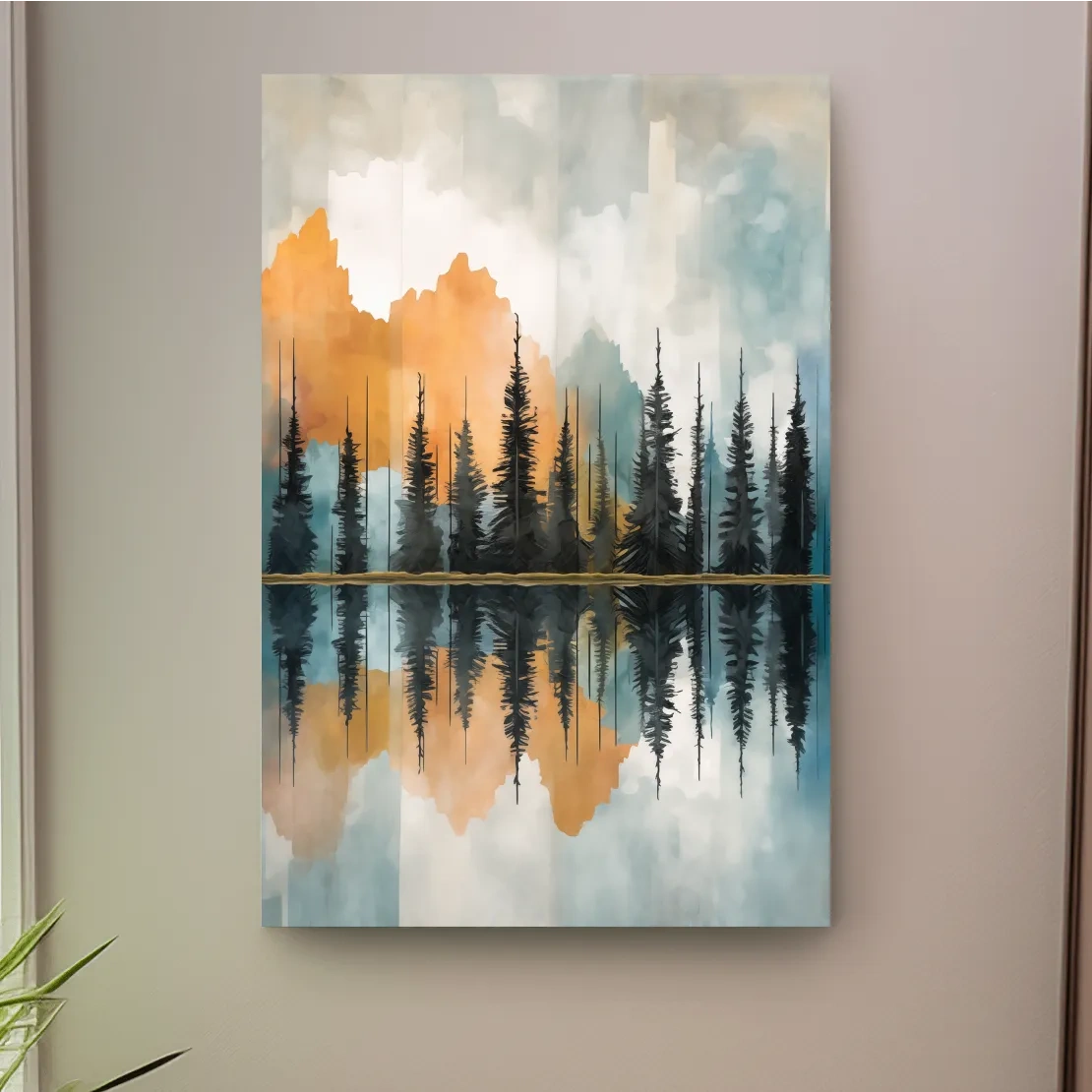 Abstract Watercolor Mountain Lake Reflection - Alpine Forest Landscape Artwork