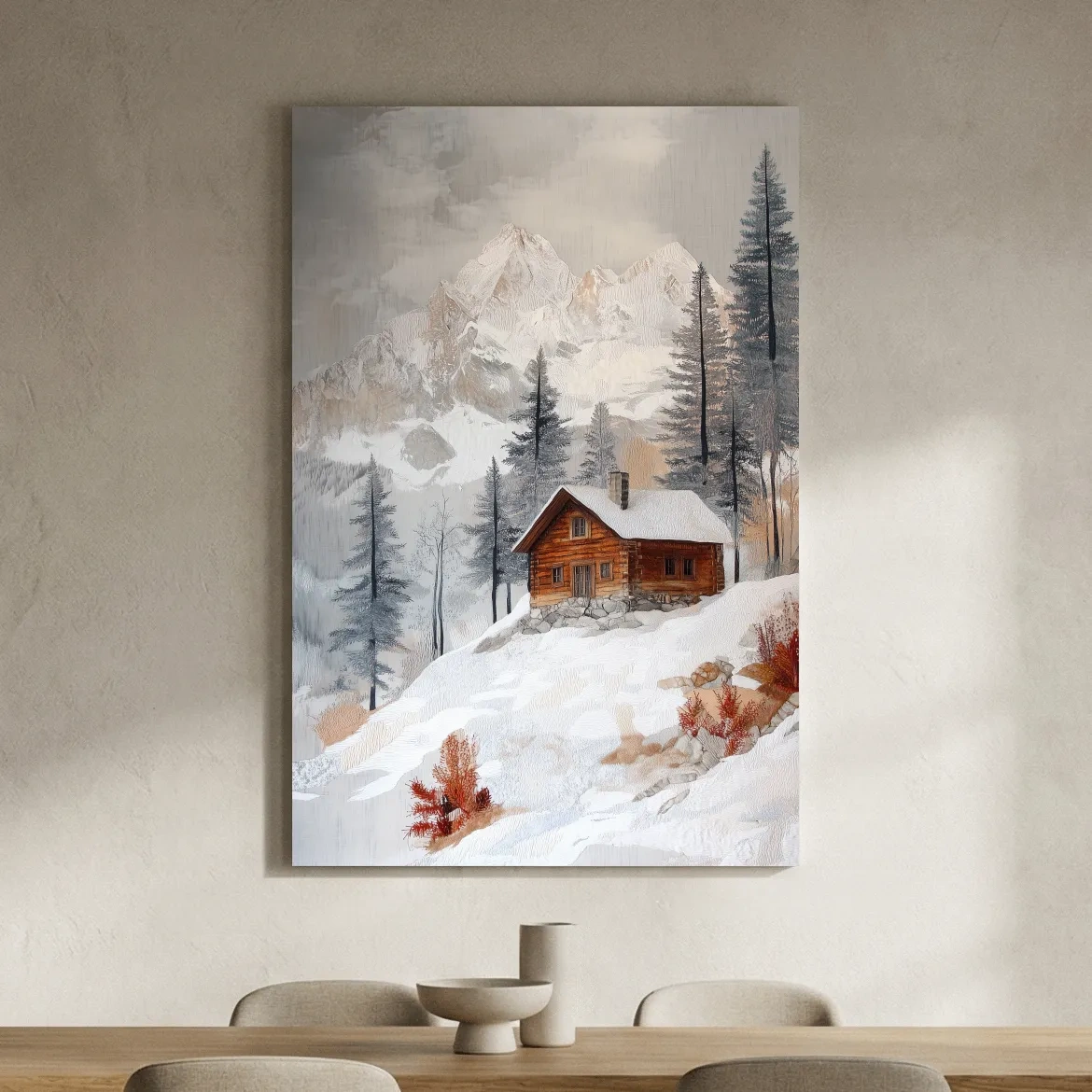 Snowy Mountain Cabin Landscape Painting - Rustic Winter Wilderness Wall Art