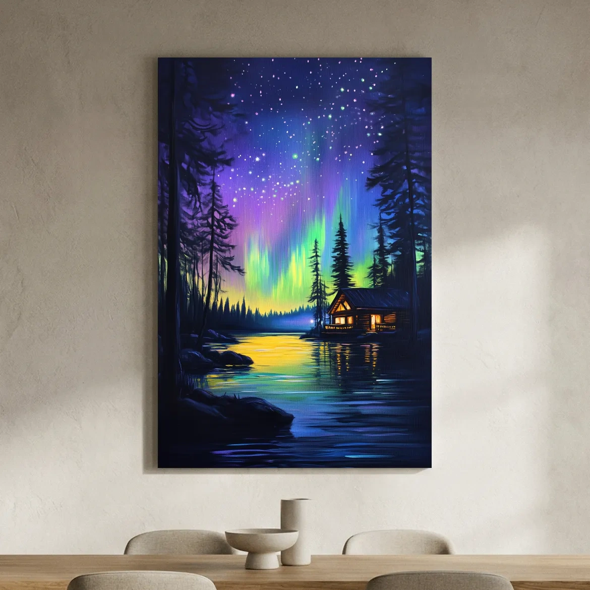 Vibrant Northern Lights Lakeside Cabin Painting - Aurora Borealis Night Landscape Wall Art