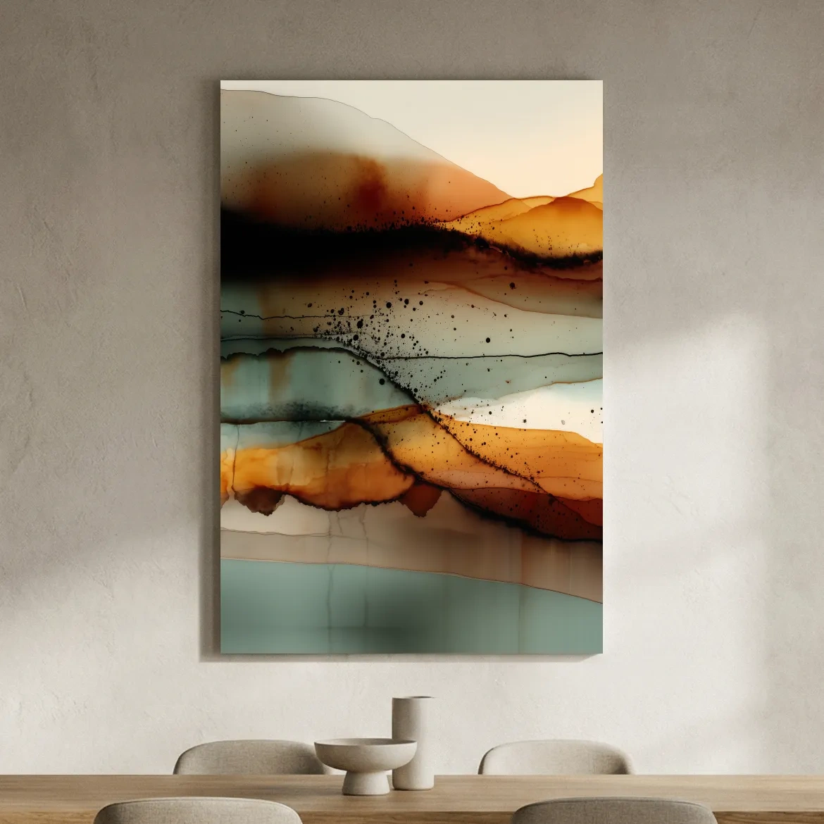 Earth Tone Ink Wash Mountain Landscape - Abstract Modern Wall Art