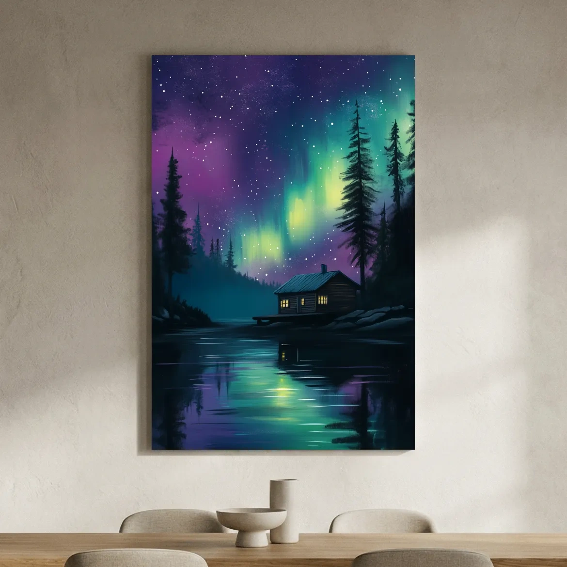 Aurora Borealis Lake Cabin Painting - Northern Lights Wall Art