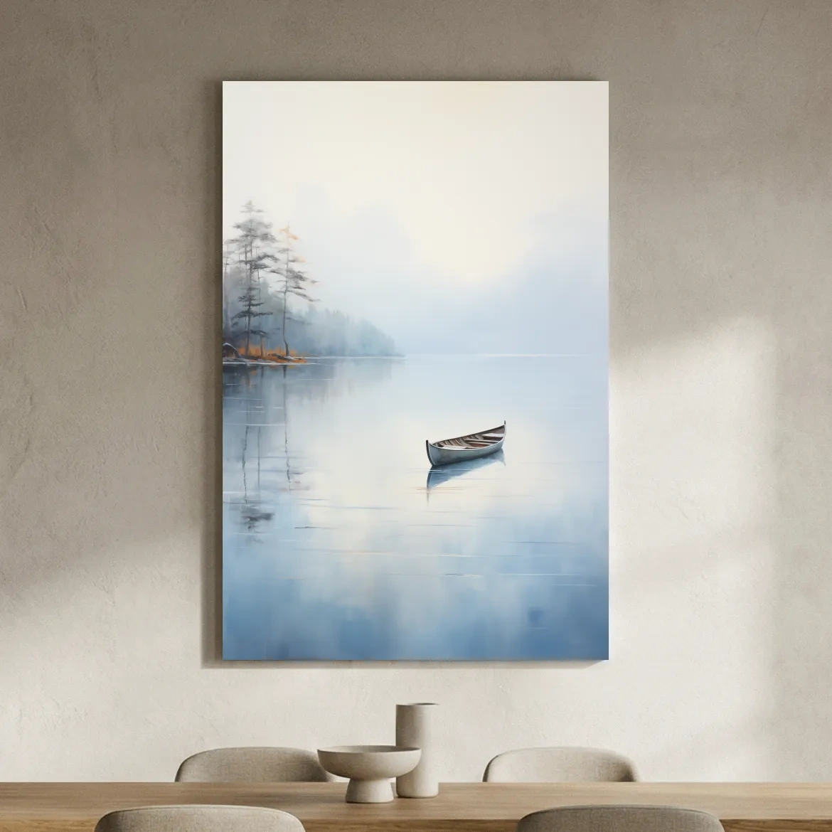 Misty Lake Canoe Reflection Painting - Serene Minimalist Waterscape Wall Art