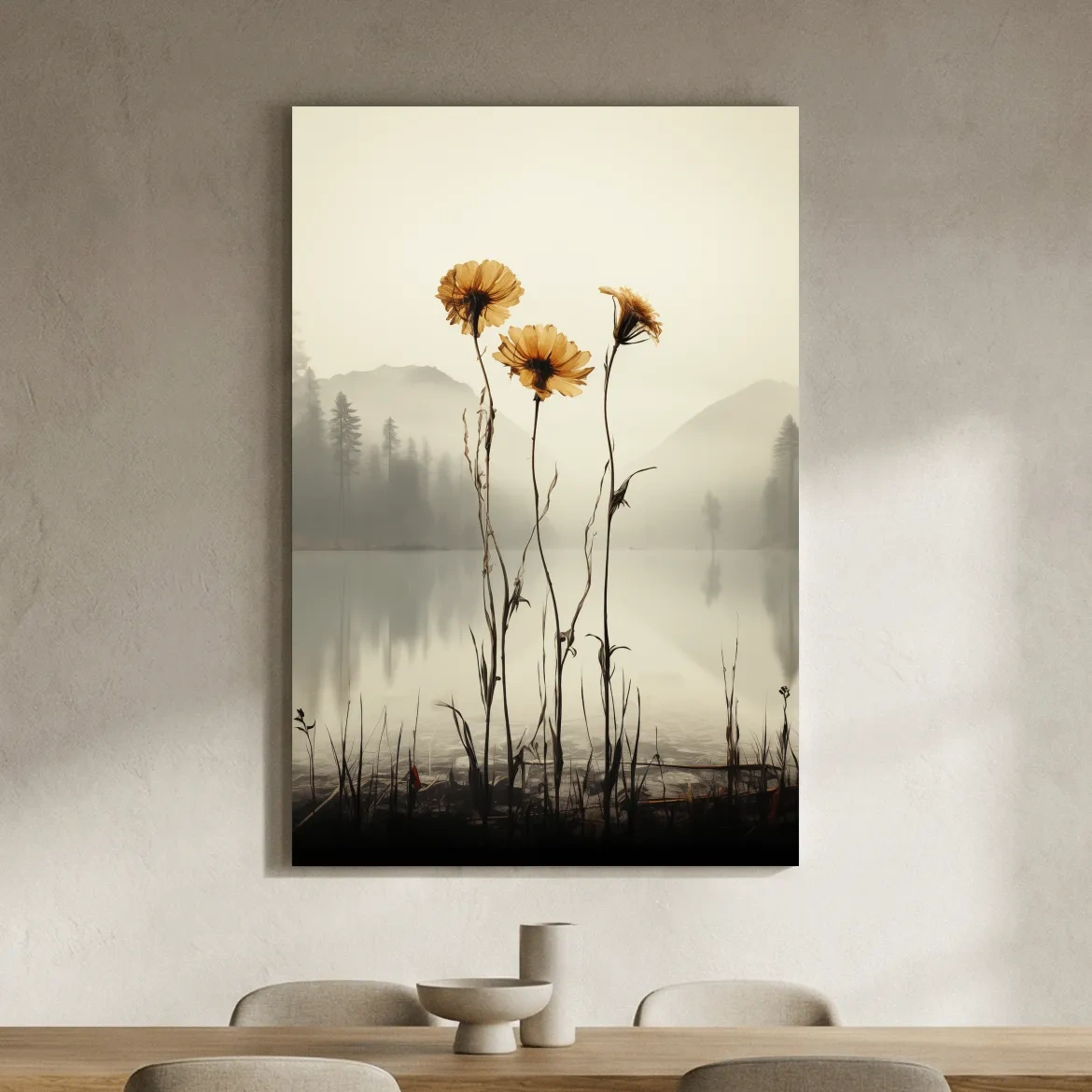 Wildflower Misty Lake Landscape - Minimalist Botanical Wall Art