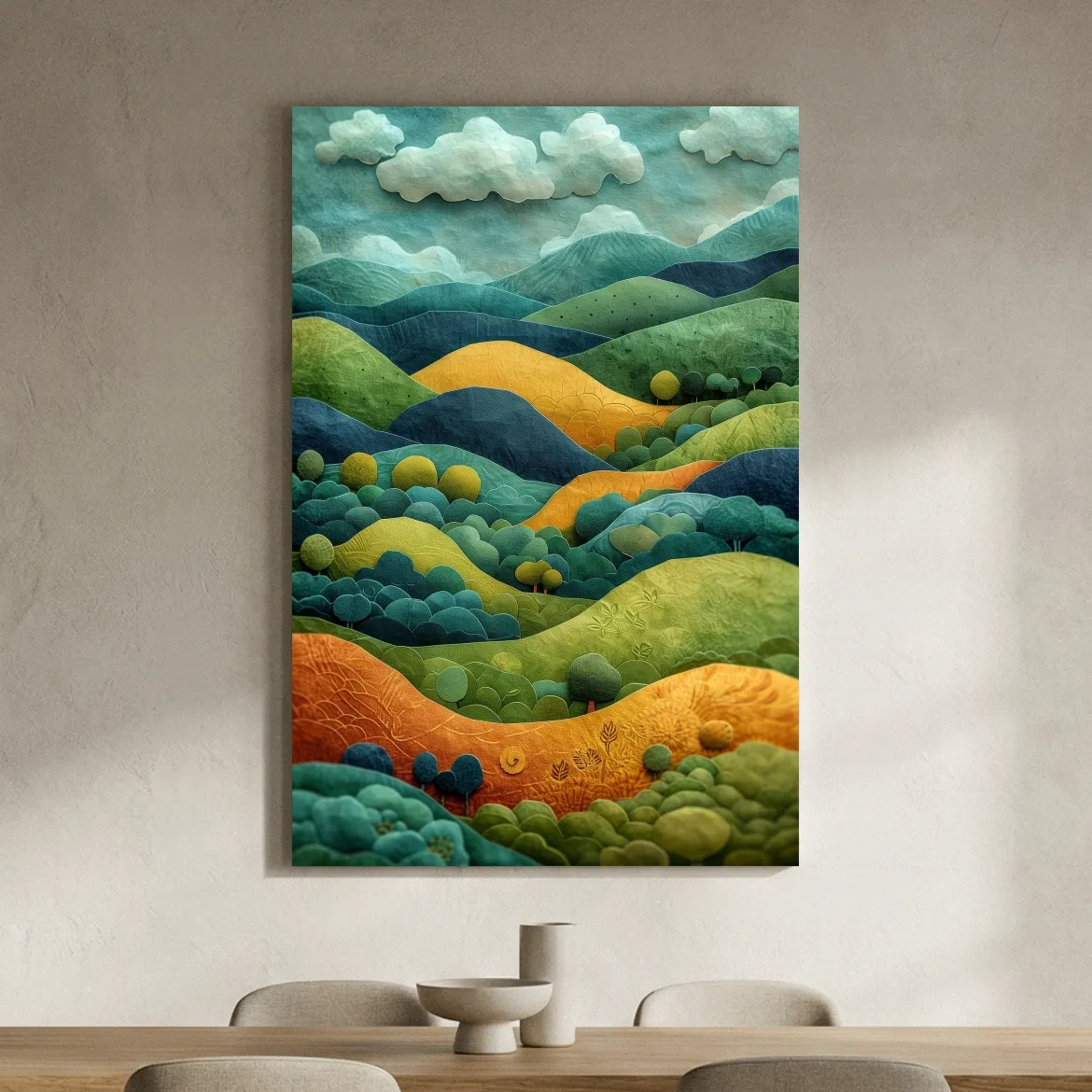 3D Layered Paper Cut Style Mountain Artwork - Whimsical Surreal Landscape Wall Art