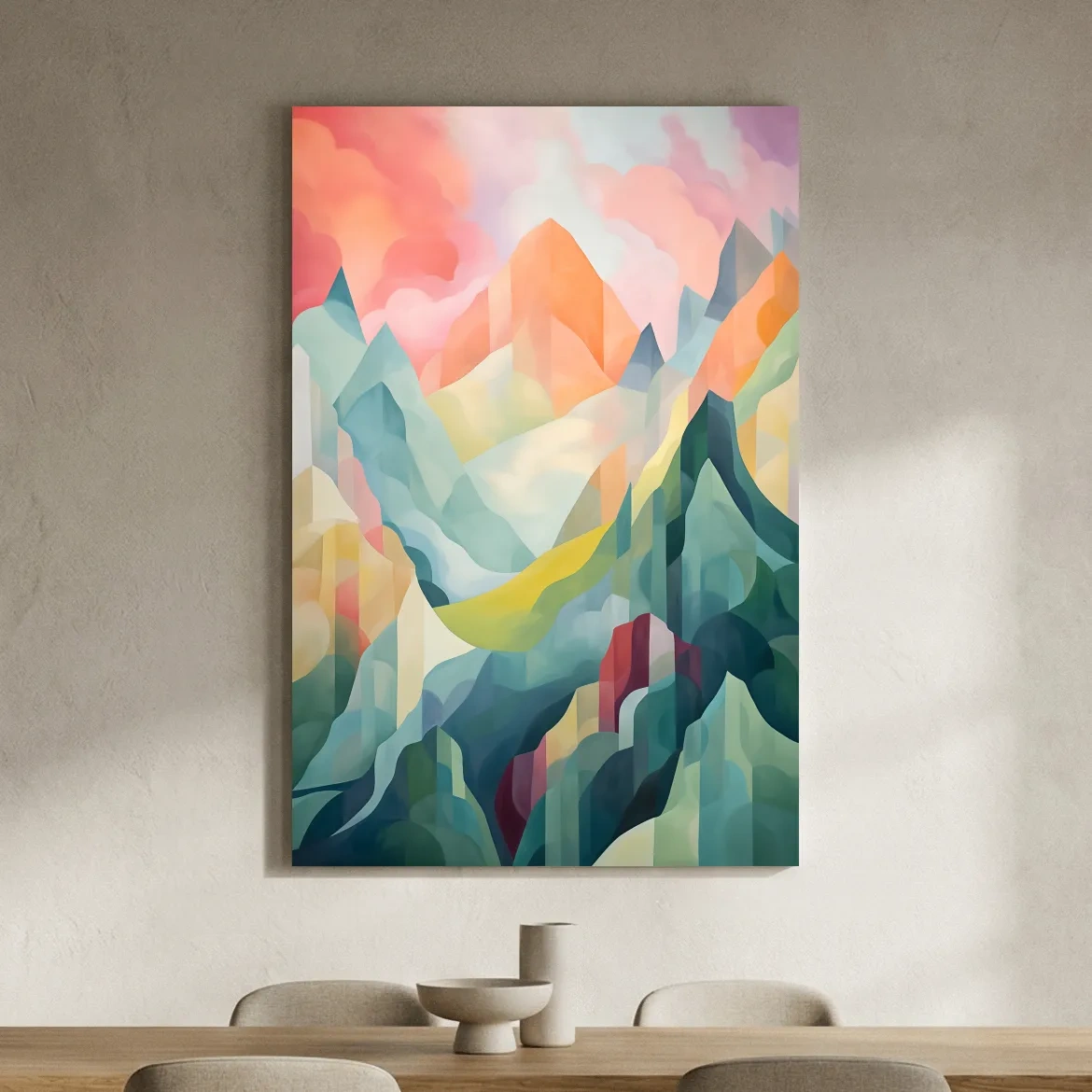 Vibrant Abstract Pastel Mountain Sunset - Geometric Watercolor Style Wall Art