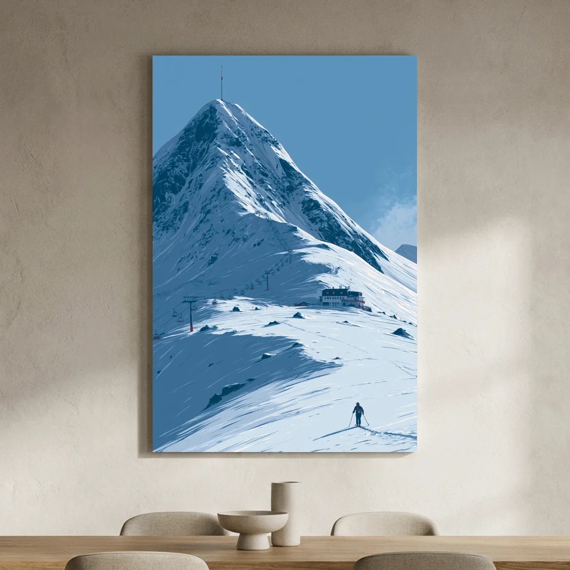 Alpine Mountain Skier Artwork - Minimalist Winter Landscape Wall Art