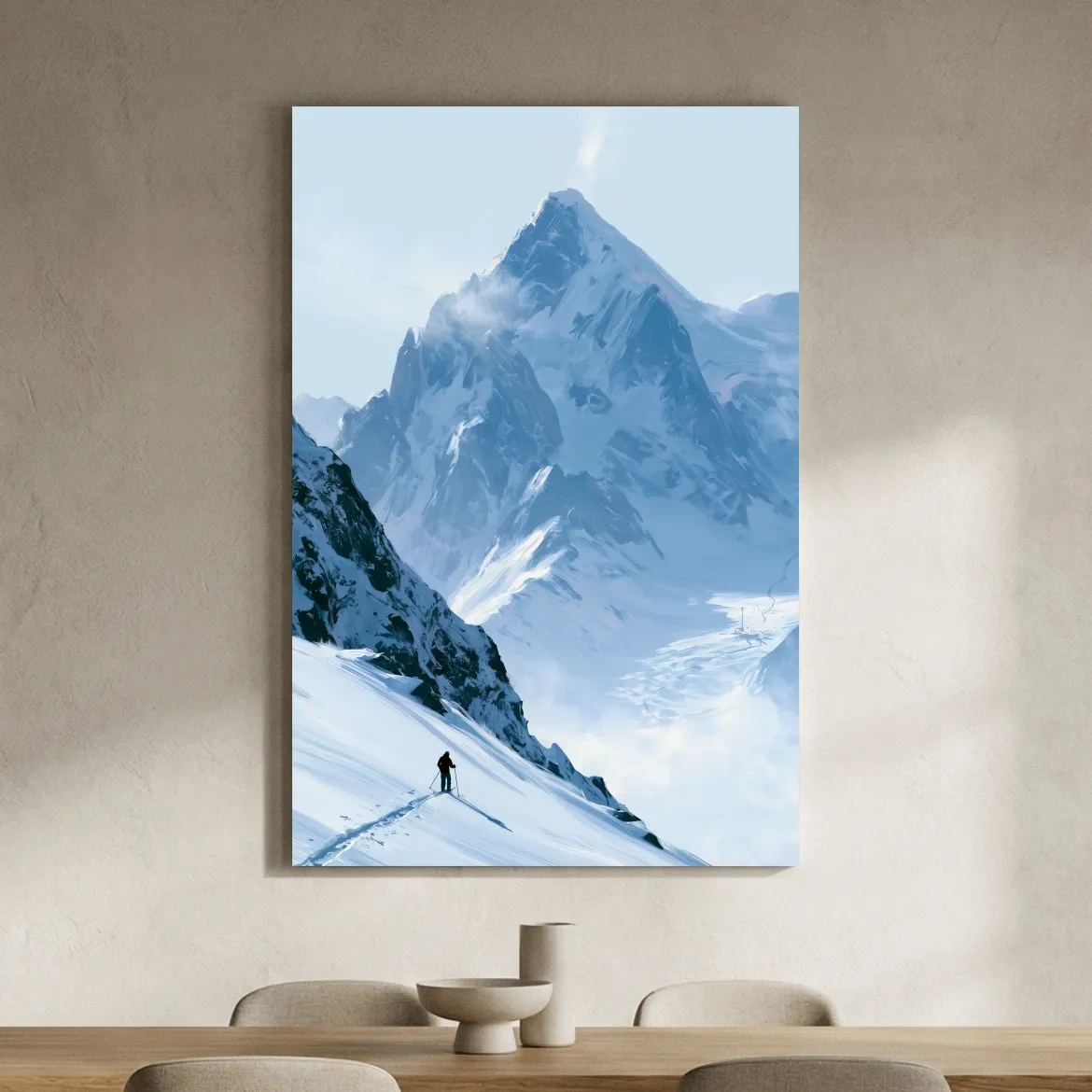 Backcountry Skier Alpine Peak Landscape - Minimalist Winter Mountain Wall Art