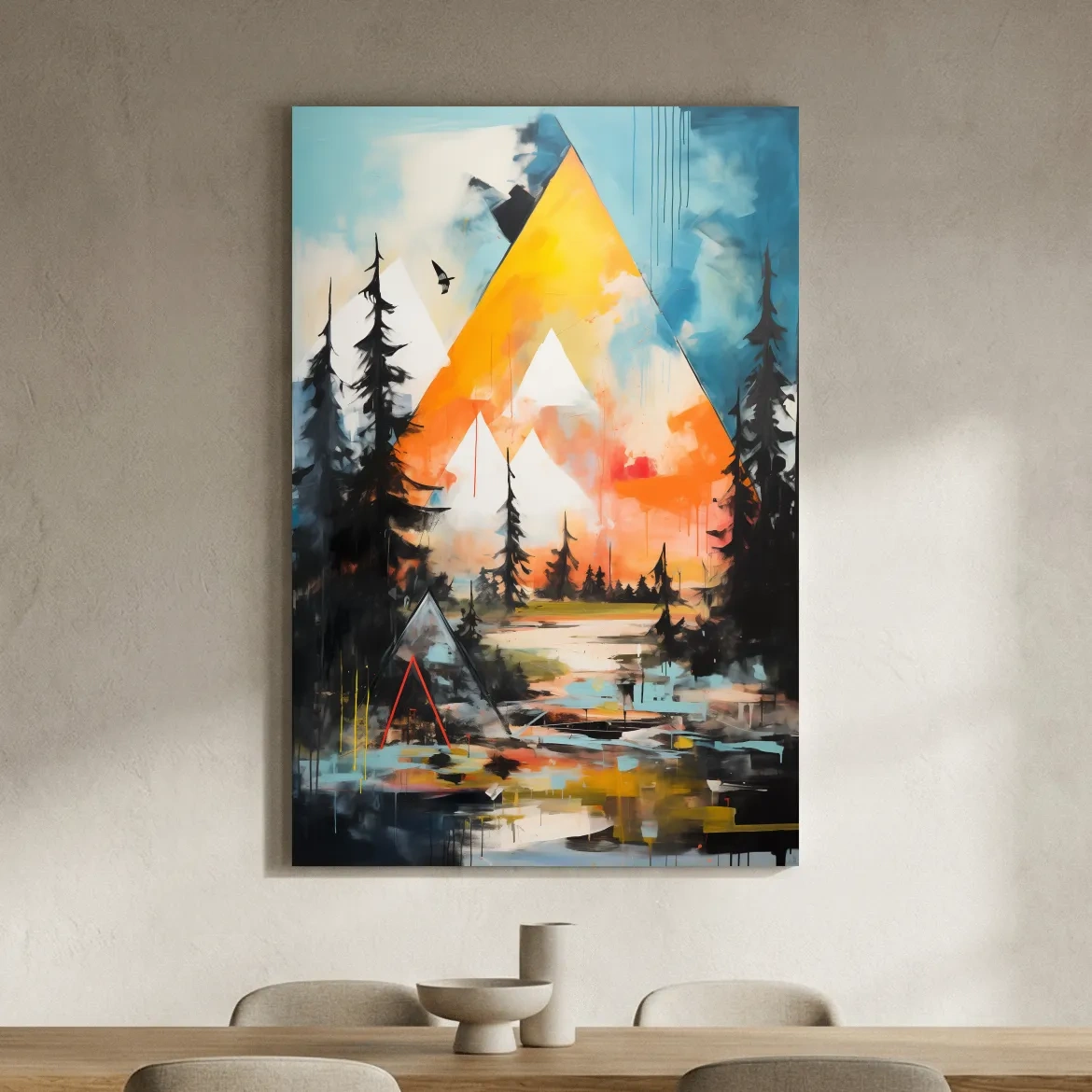 Vibrant Abstract Mountain Painting - Modern Geometric Alpine Forest Wall Art
