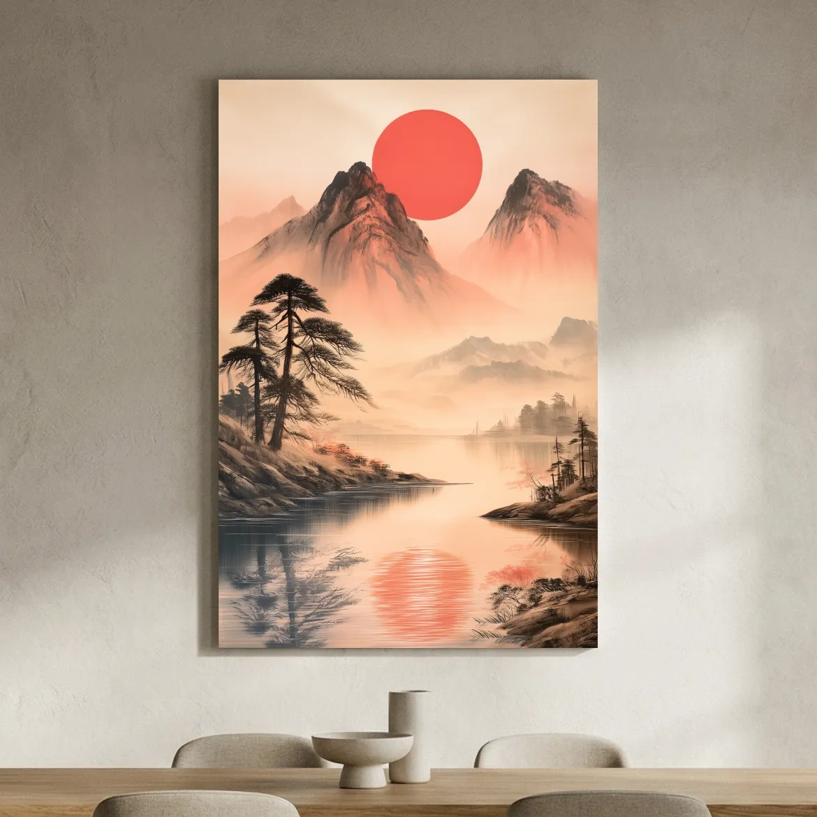 Zen Misty Mountain Lake Sunrise - Japanese Ink Wash Wall Art