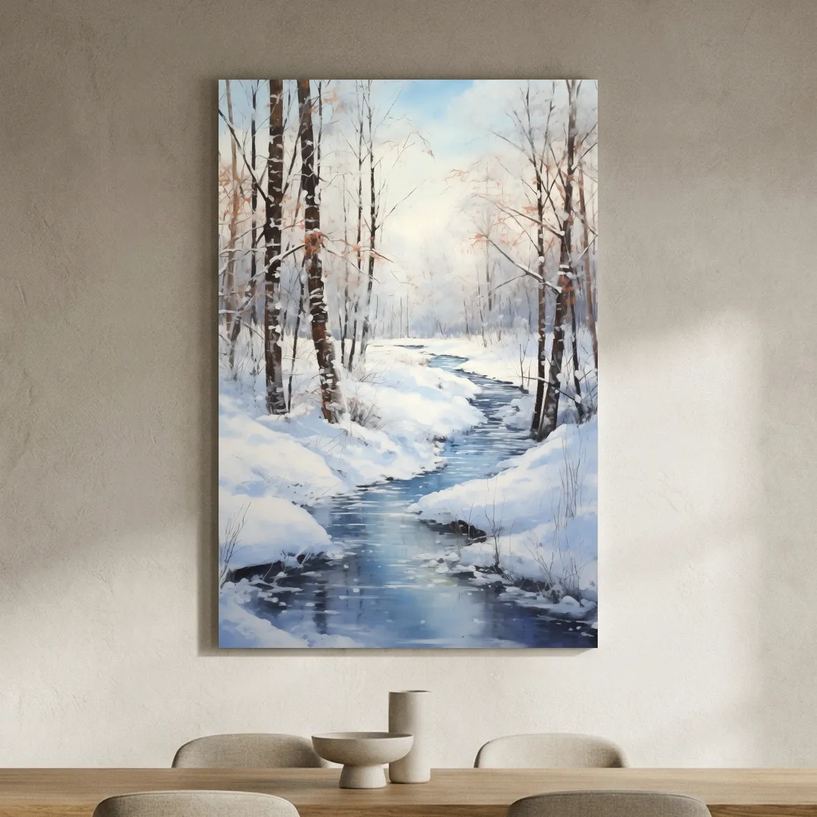 Serene Winter River Forest Painting - Snowy Woodland Wall Art