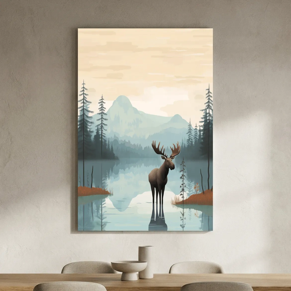 Moose Mountain Lake Illustration - Nursery Forest Mountain Wall Art