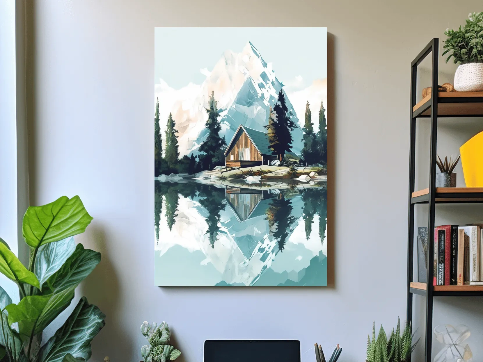 Serene Alpine Cabin Lake Painting - Mountain Landscape Wall Art
