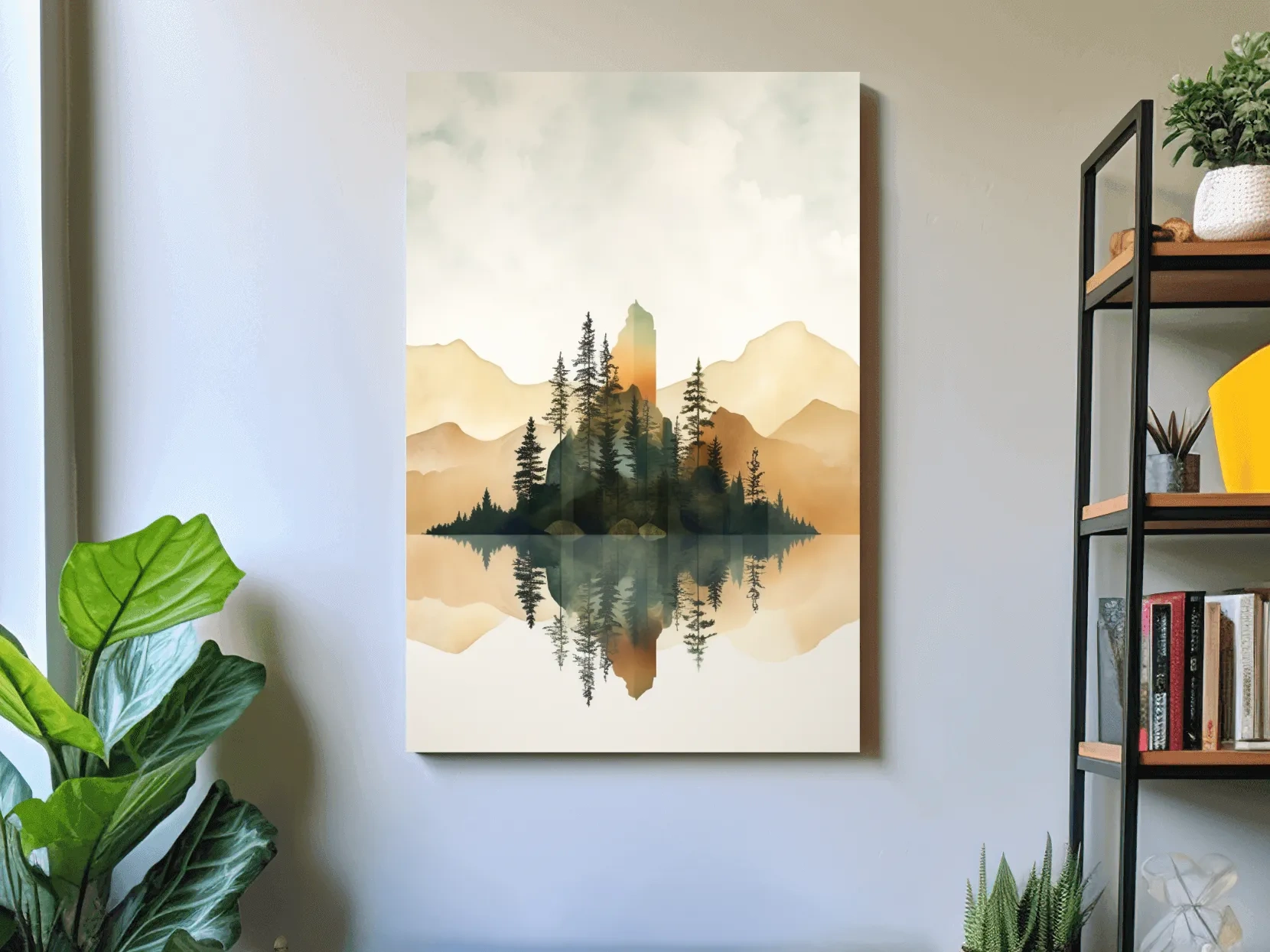 Alpine Mountain Lake Reflection Watercolor - Serene Pine Forest Wall Art
