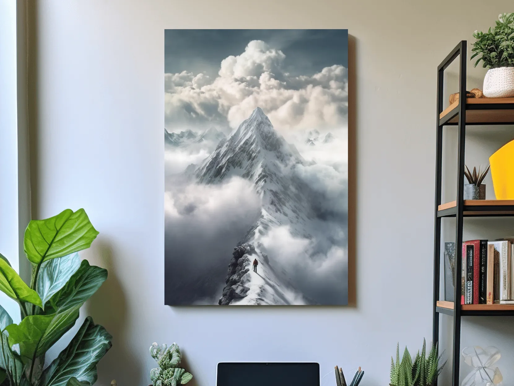 Painting of a person approaching the summit of a snowy mountain