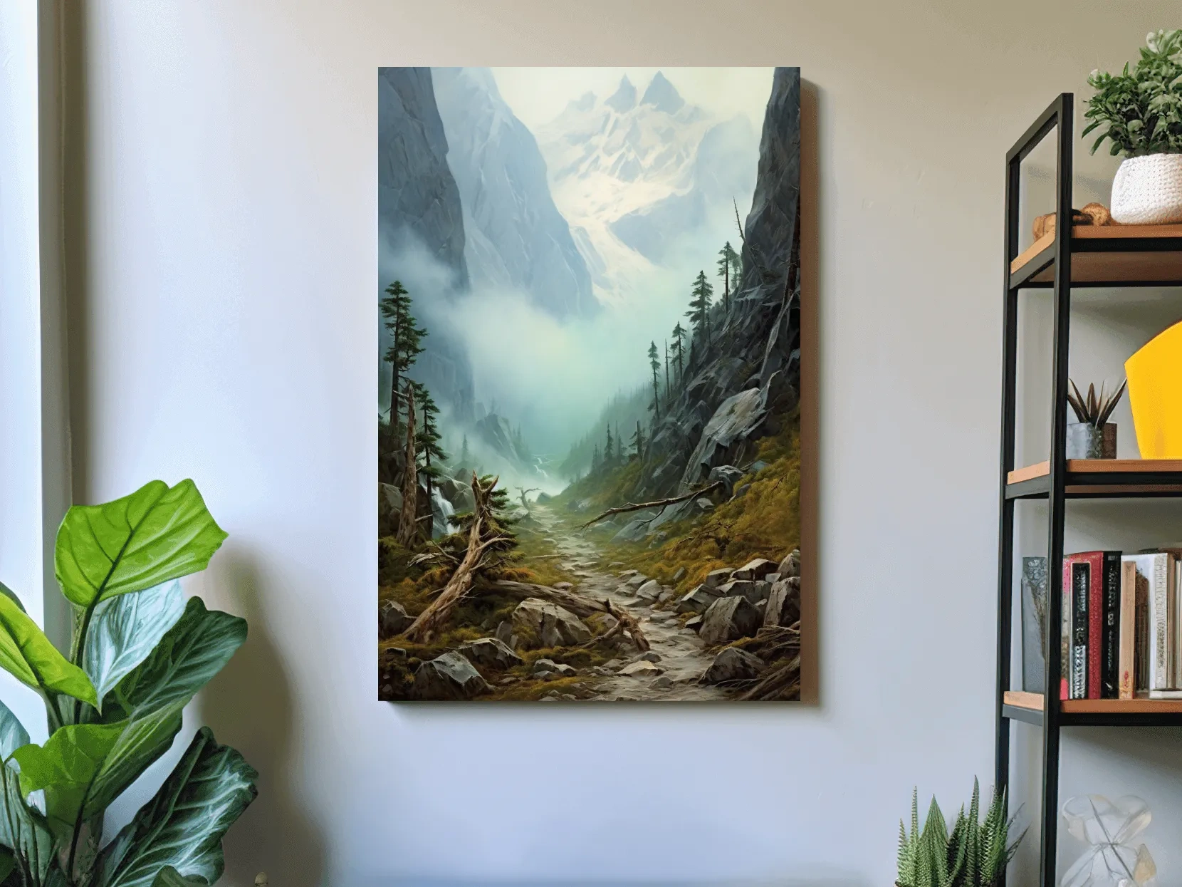 Misty Alpine Mountain Valley Painting - Foggy Pine Forest Wall Art