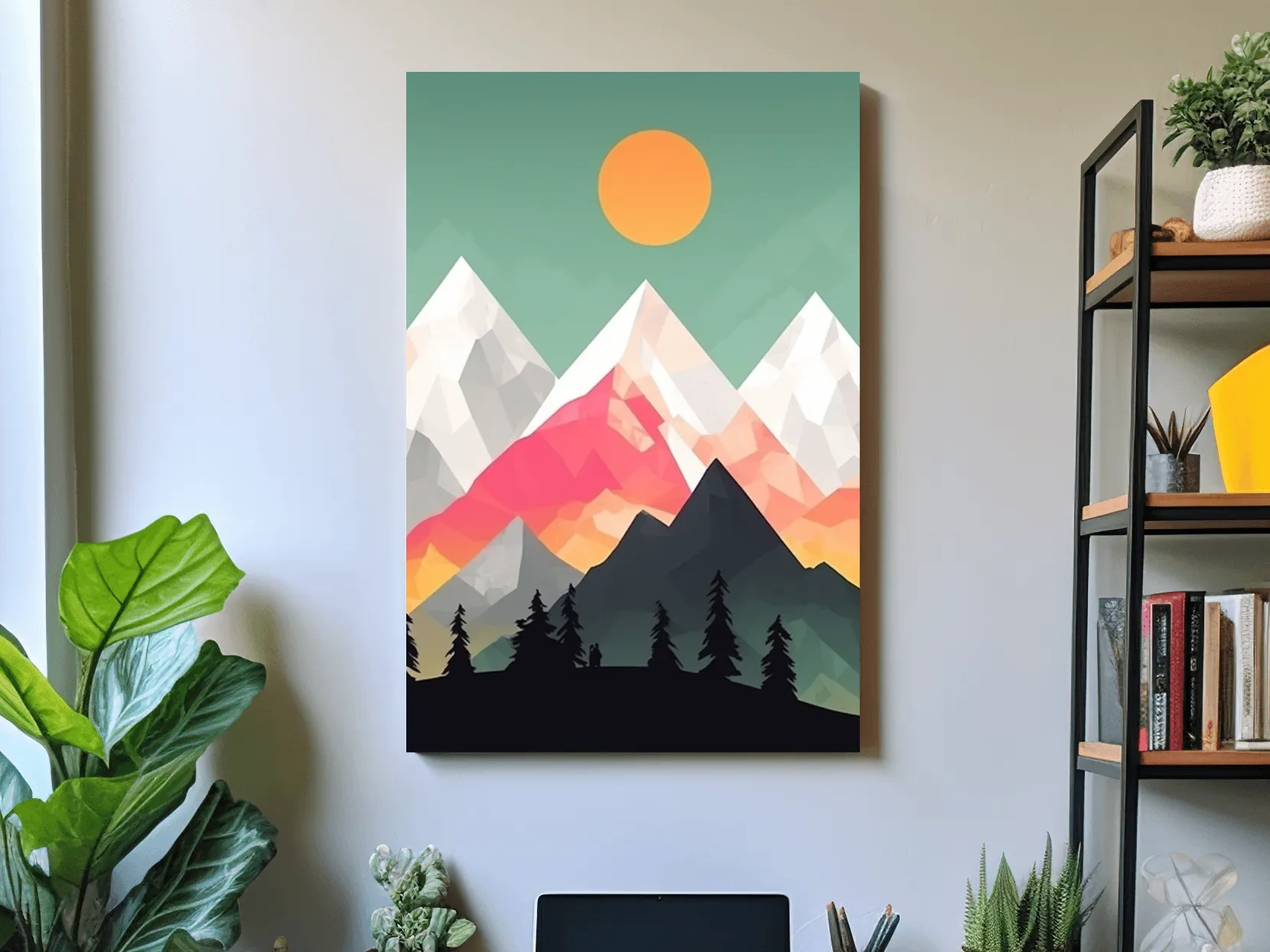 Geometric Sunset Mountain Peaks With Pine Silhouettes - Modern Colourful 2D Wall Art