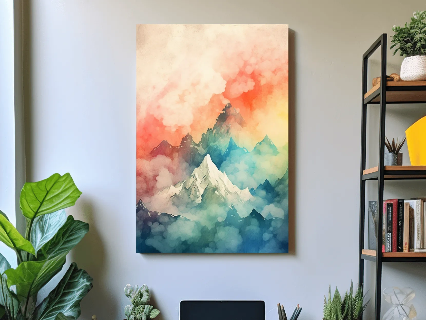 Colourful watercolour painting of a mountain landscape